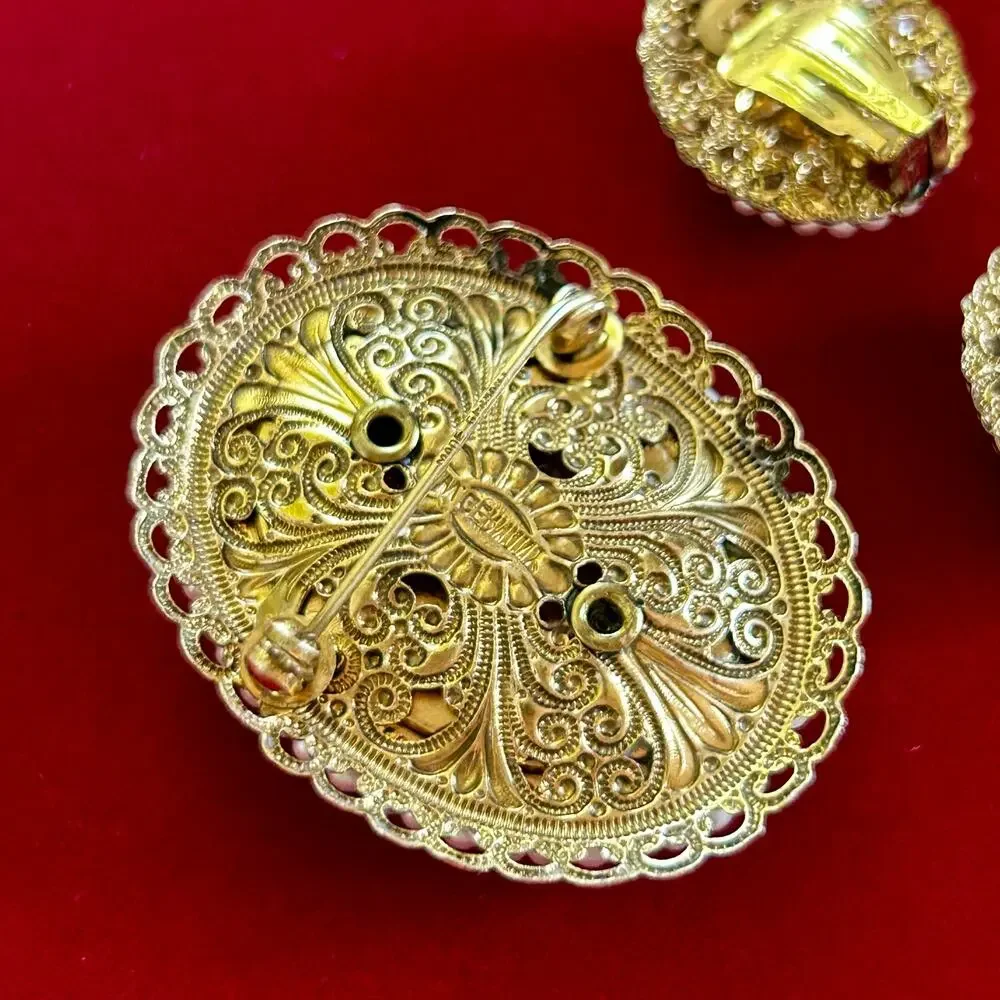 Vintage W. Germany Victorian Revival Cameo Brooch & Clip-On Earring Set